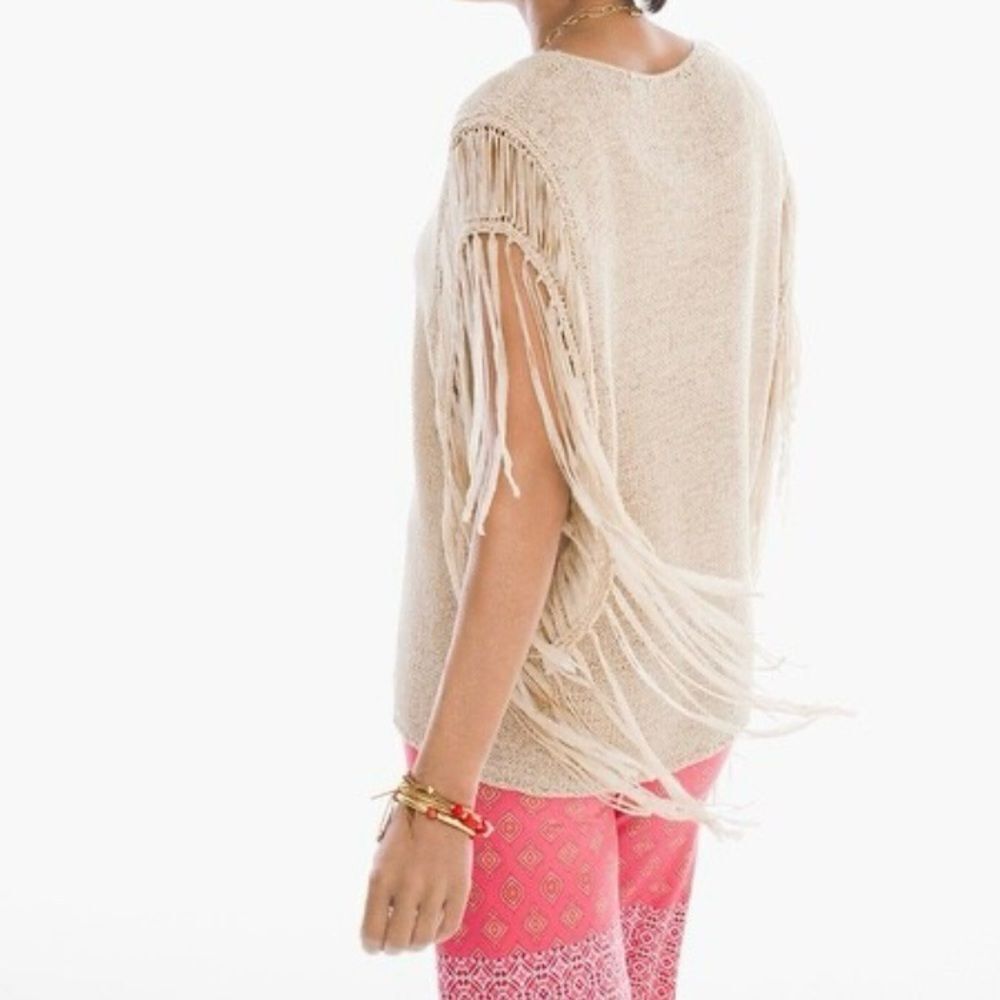 Chico’s Boho Chic Fringe Sleeves Top Sz S/M Artisanal Weave Tunic - Picture 2 of 12